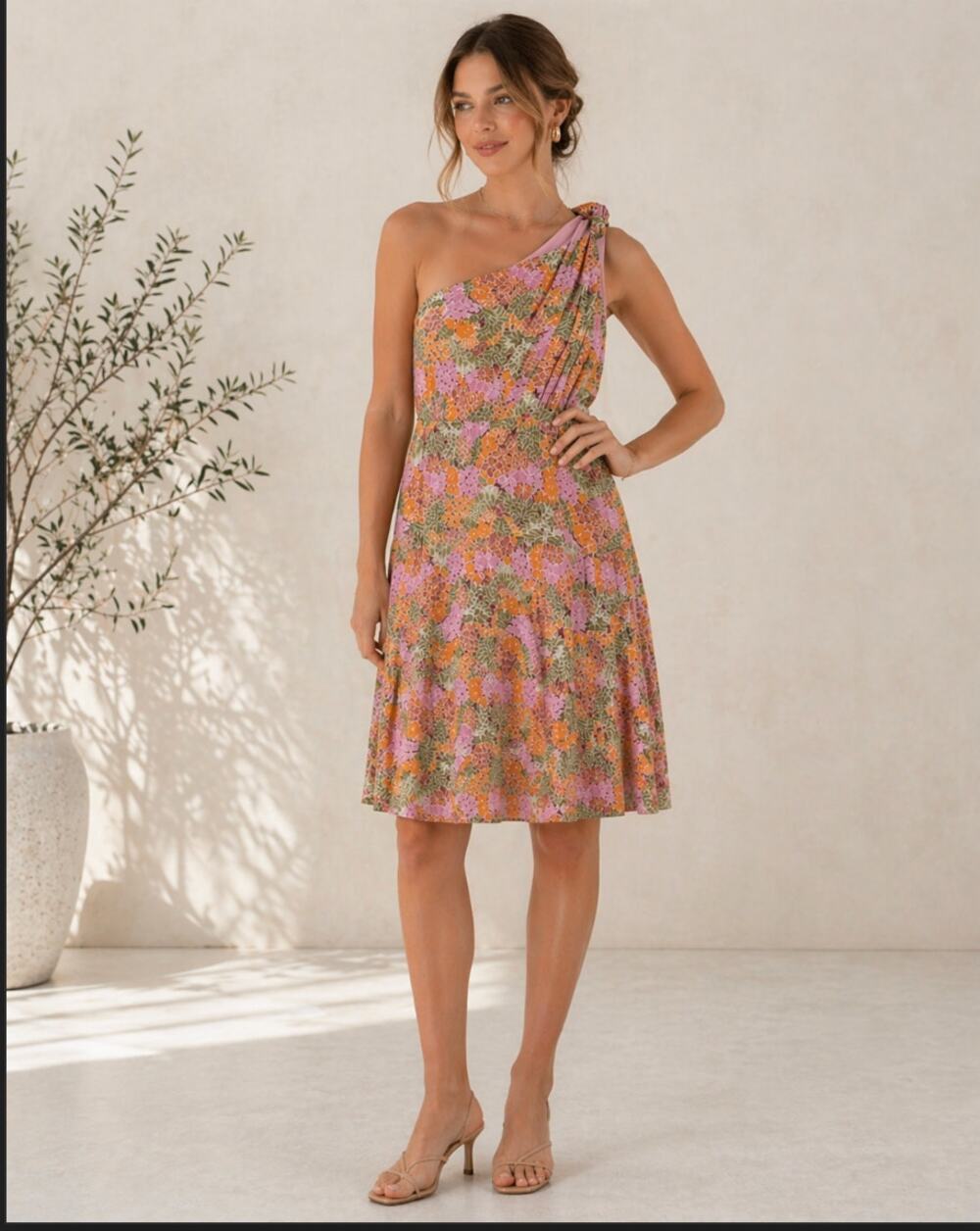 Sky to Moon Western Date Night Romantic Boho Pink Floral One Shoulder Sun Dress